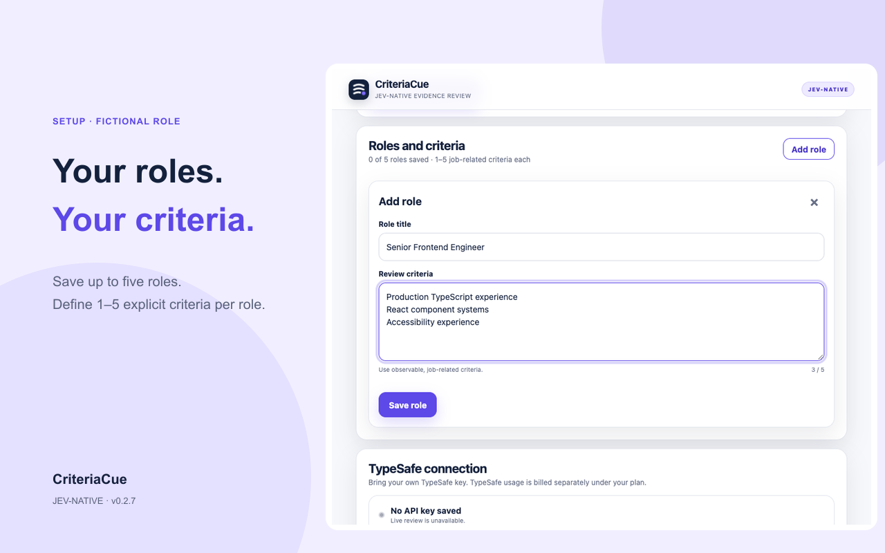 CriteriaCue Setup page with a role title and explicit hiring criteria.