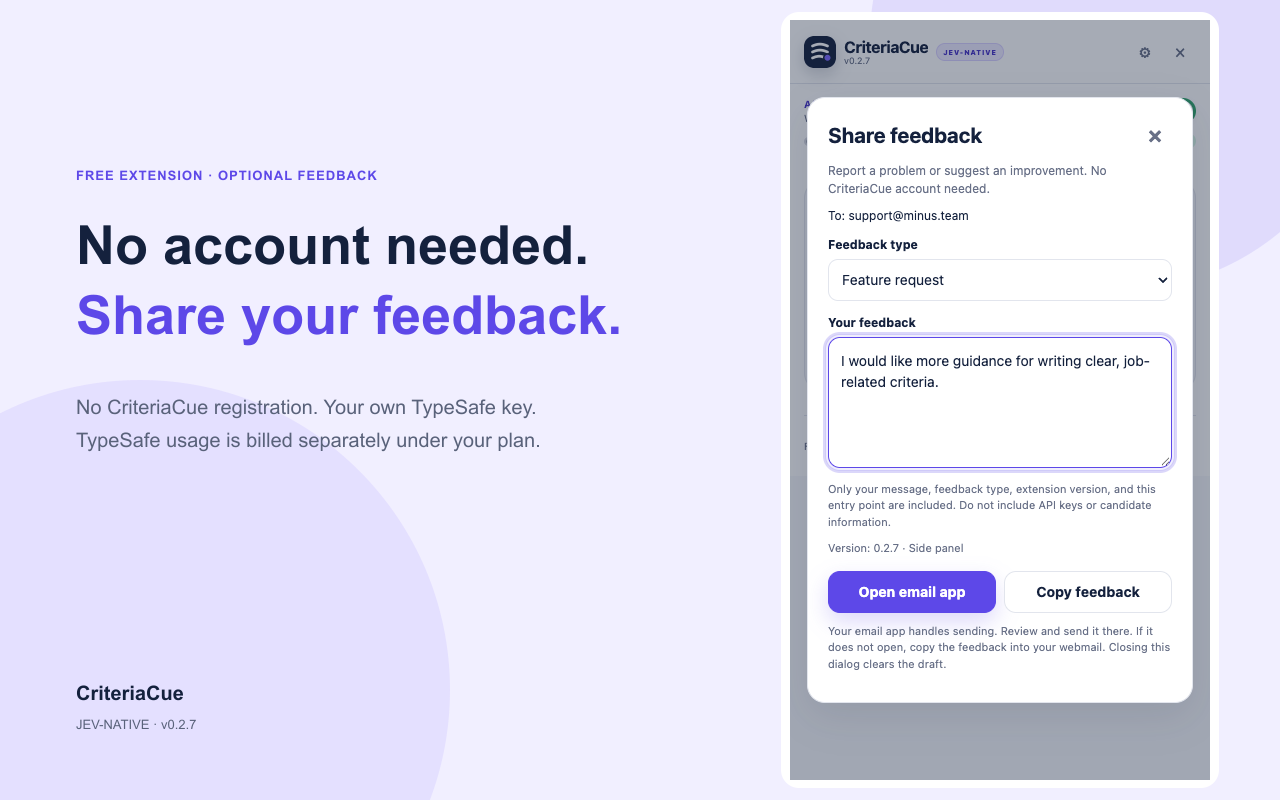 Optional email feedback dialog with no CriteriaCue registration required.